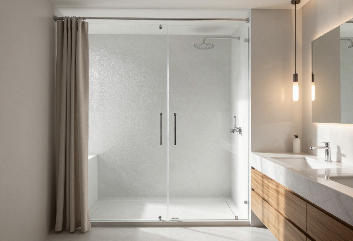 Modern bathroom with glass shower door and fabric curtain