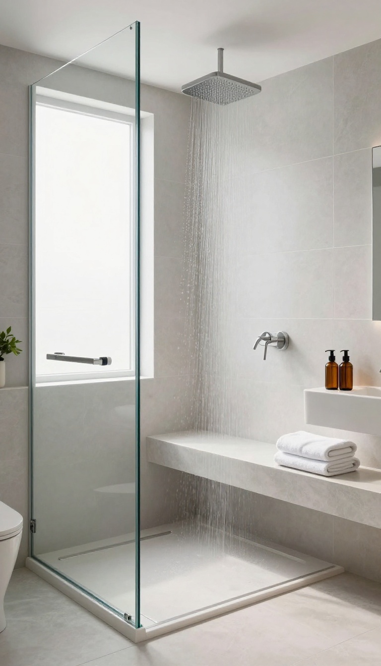 Wide built-in shower bench with towels and toiletries in a bright, modern bathroom