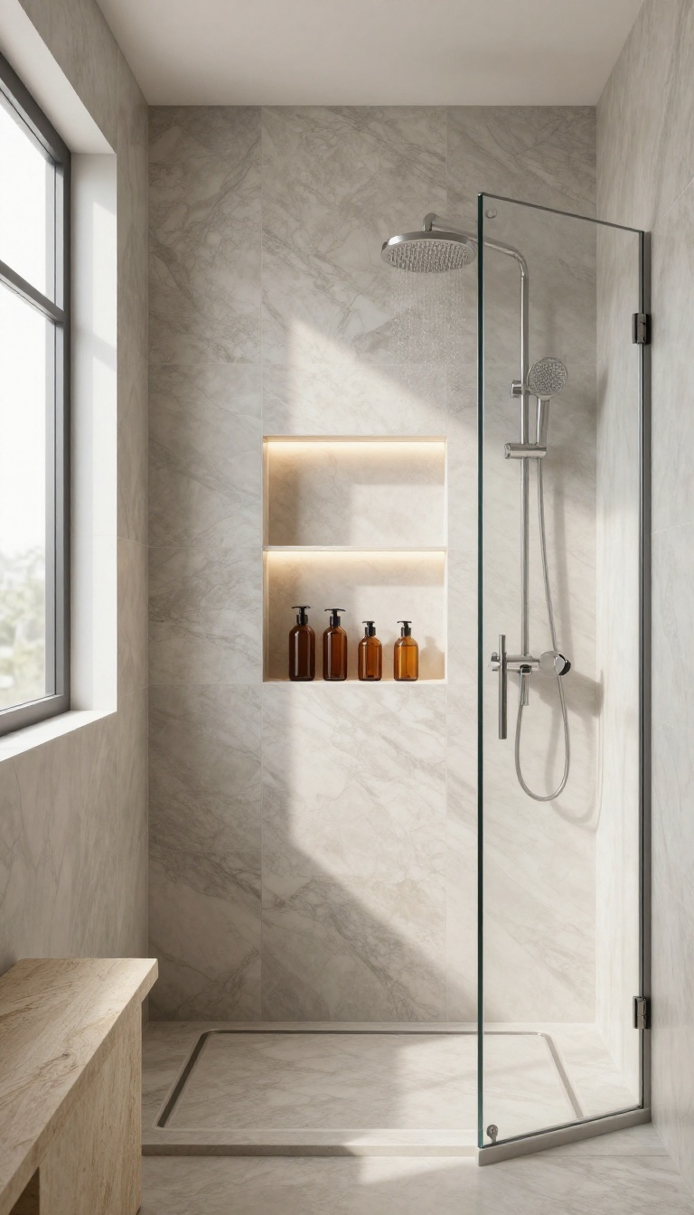 Backlit shower niche with warm LED lighting in a modern marble bathroom
