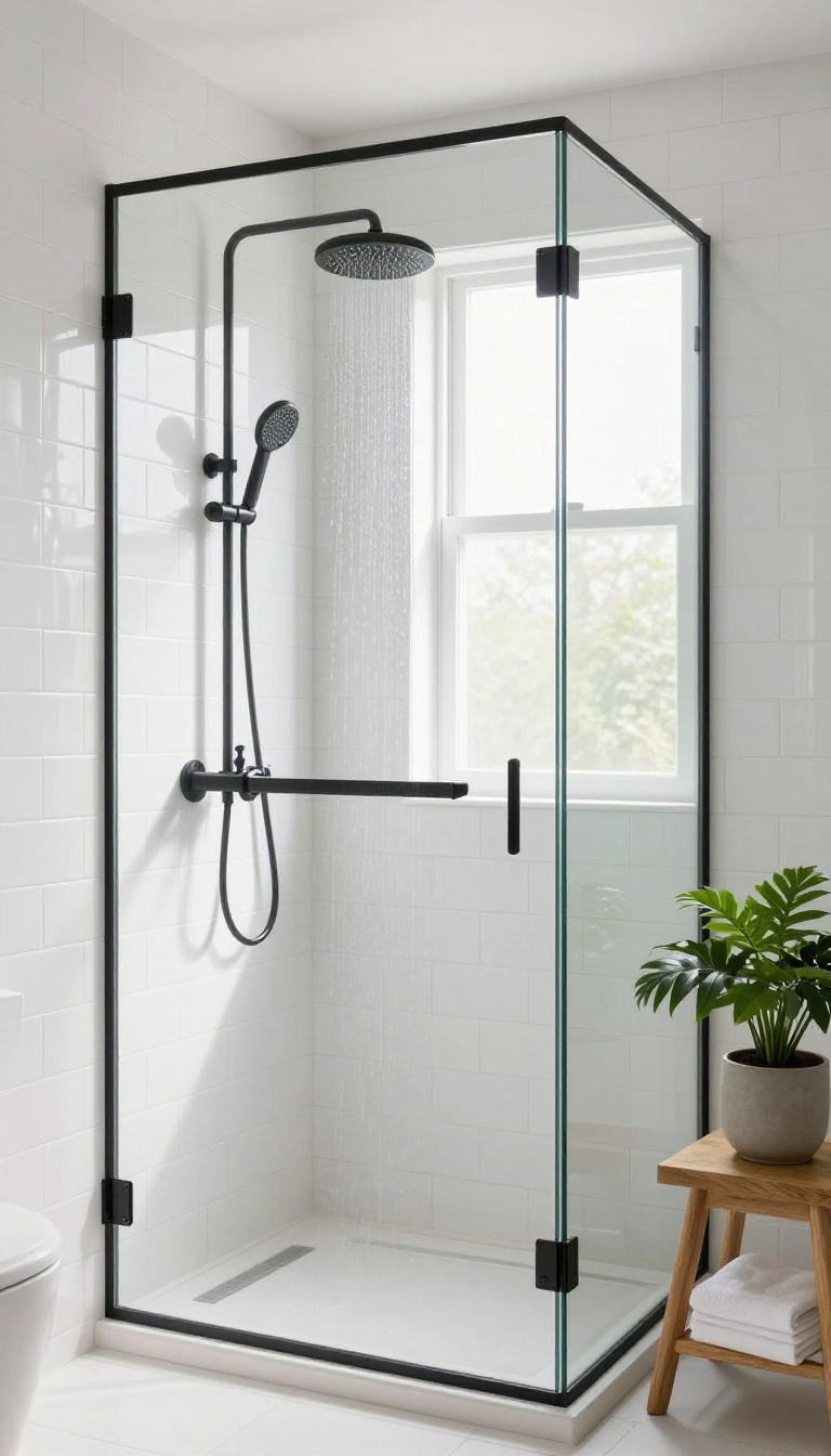 Bright master shower with glossy white subway tile reflecting light