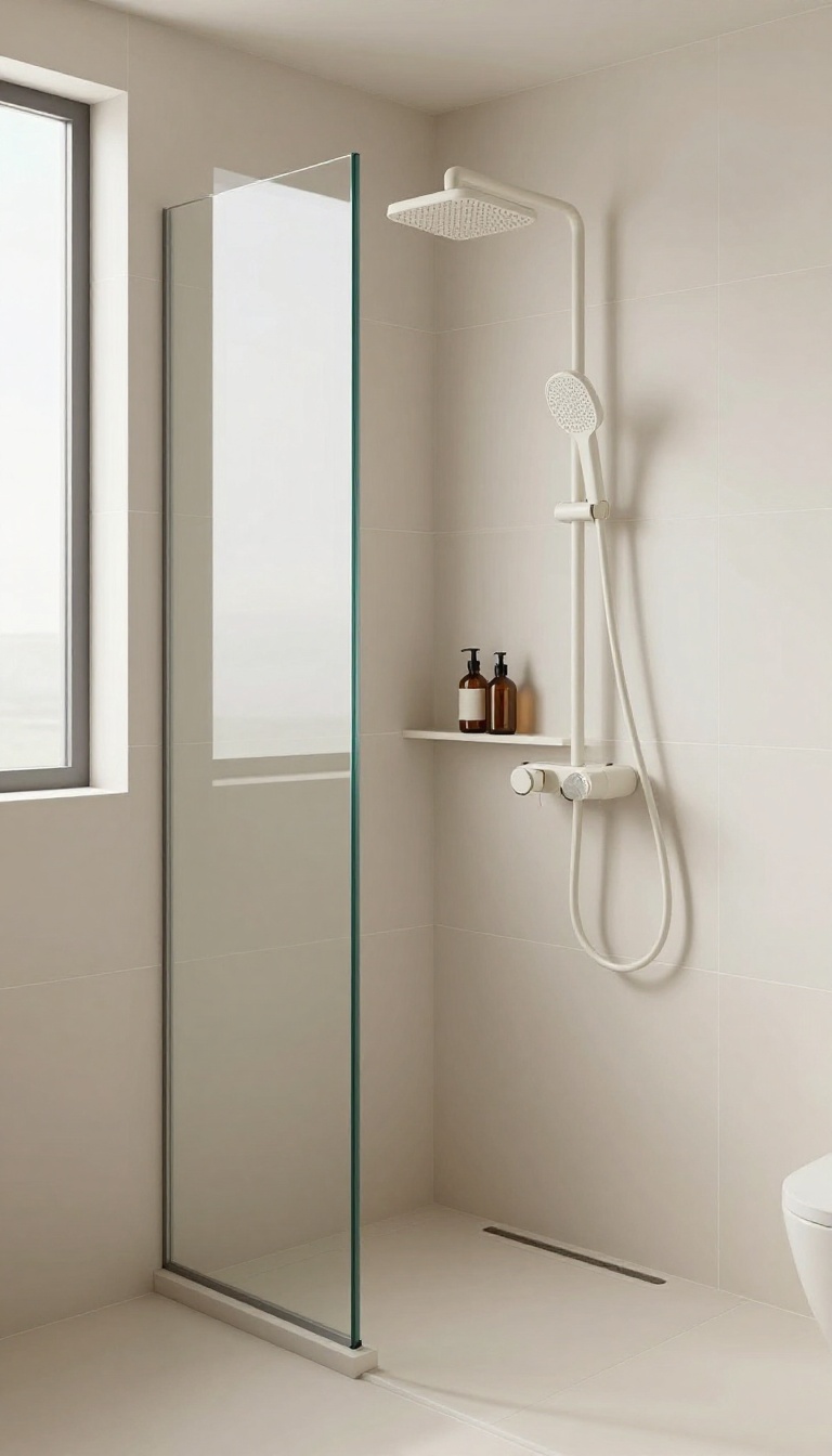 Corner shower niche with two shelves, seamlessly tiled in a modern bathroom