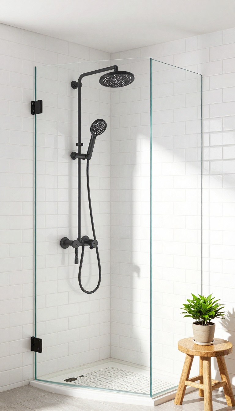 Modern shower stall with rainfall showerhead and handheld combo in bright natural light