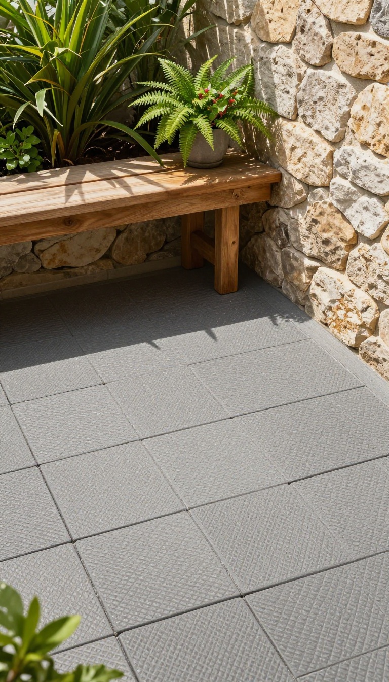 Outdoor shower floor with interlocking rubber tiles in a natural stone setting