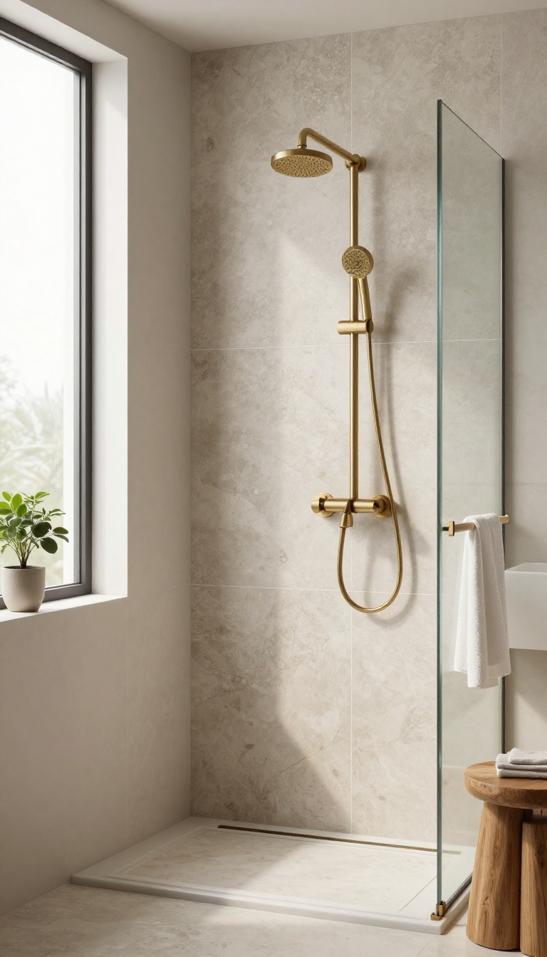 Spa-like shower with natural stone look porcelain tiles, matte finish, brushed brass fixtures, and soft natural light