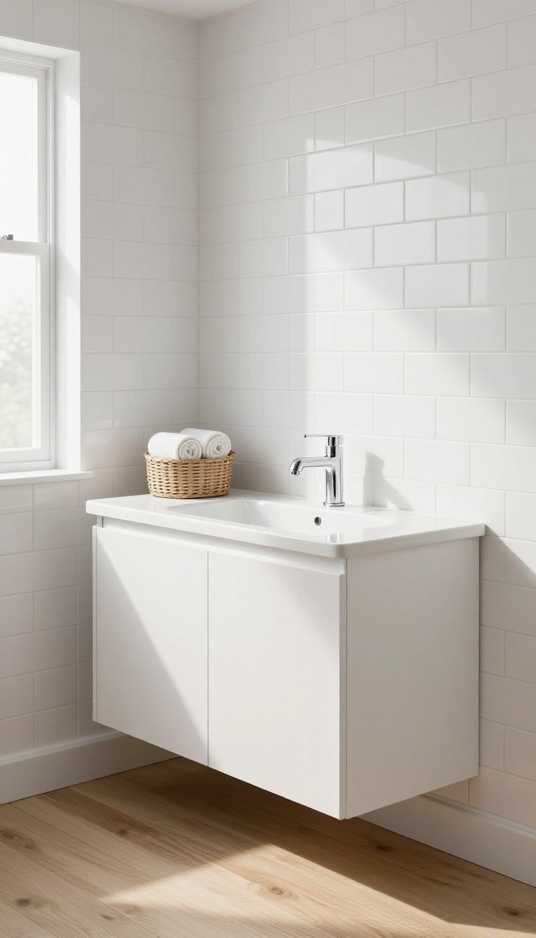 Small bathroom with a floating vanity, white tiles, and a basket underneath, bright natural light
