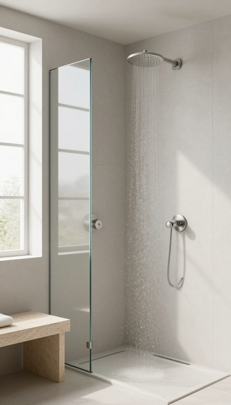 Minimalist bathroom with two recessed shower heads on a seamless tile wall