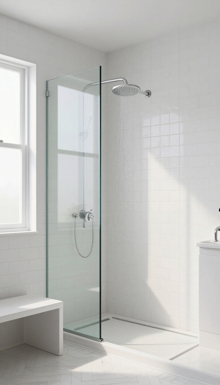 White subway tile herringbone pattern in a modern shower with glass enclosure and rainfall showerhead