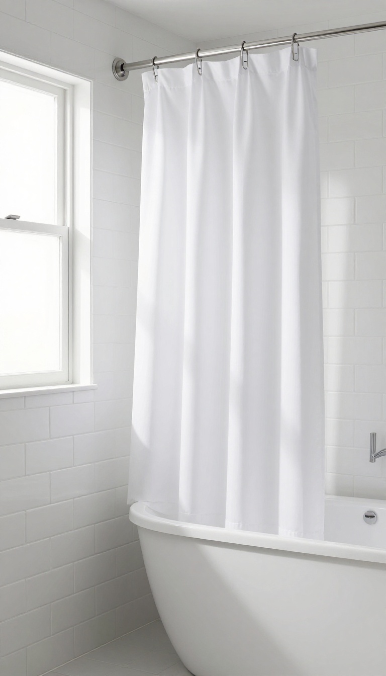 A bathroom featuring a long white shower curtain hung from an extended shower curtain rod, creating a custom fit.