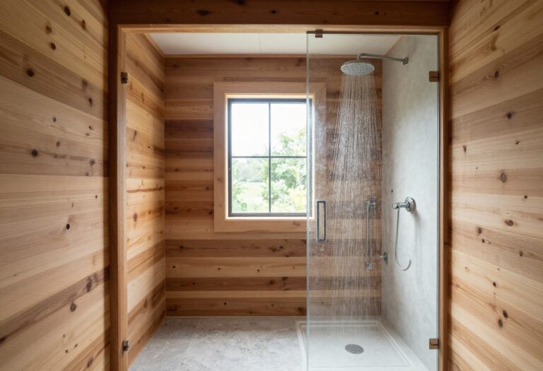 Cabin shower with cedar walls and rainfall showerhead