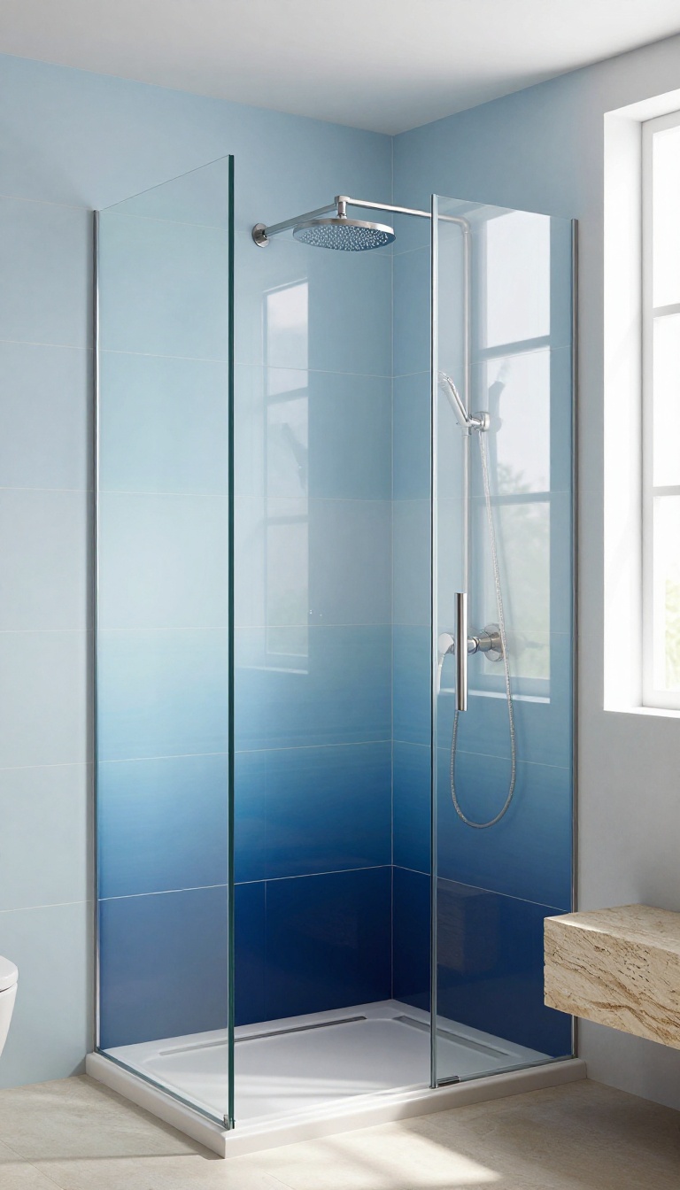 Ombre blue tile shower with gradient from light to dark blue, glass enclosure, and natural light