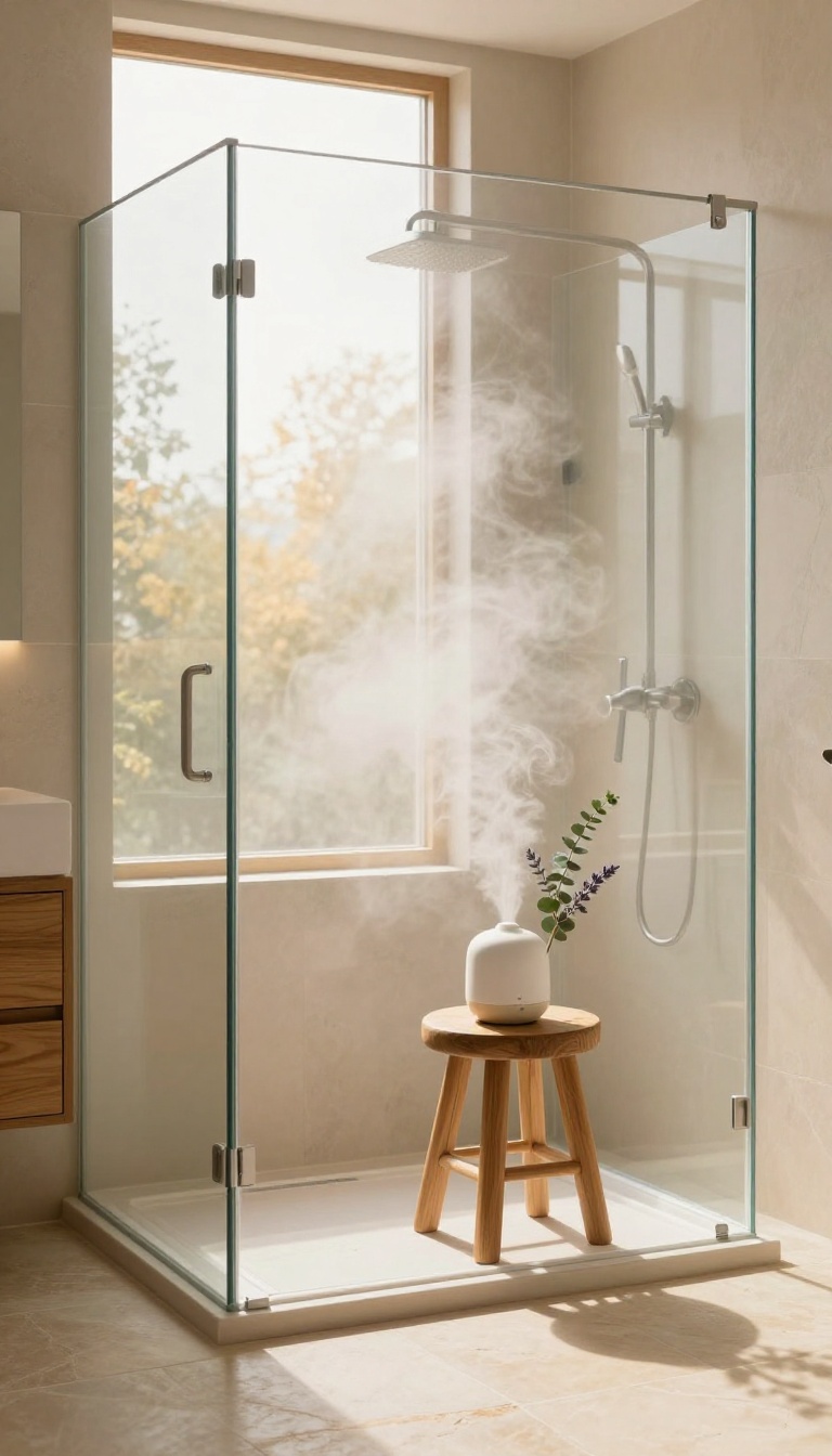 Luxurious steam shower with aromatherapy diffuser and eucalyptus branches