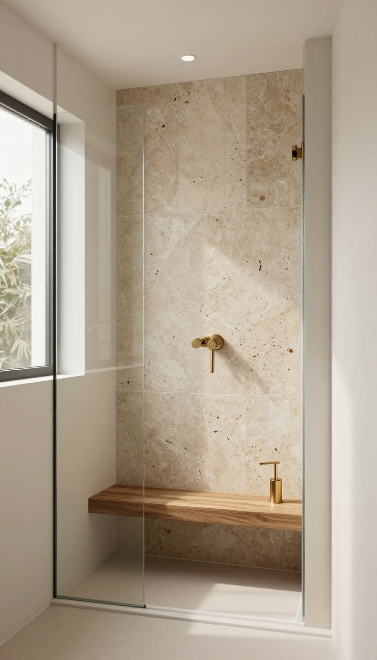 Walk-in shower with natural stone accent wall in warm beige tones