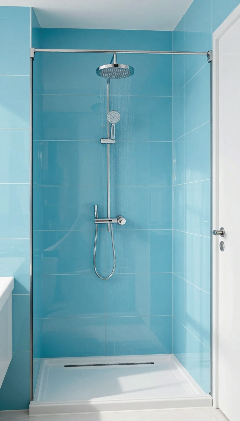 Modern bathroom shower with glossy aqua blue wall panels and chrome rainfall showerhead, bright natural light