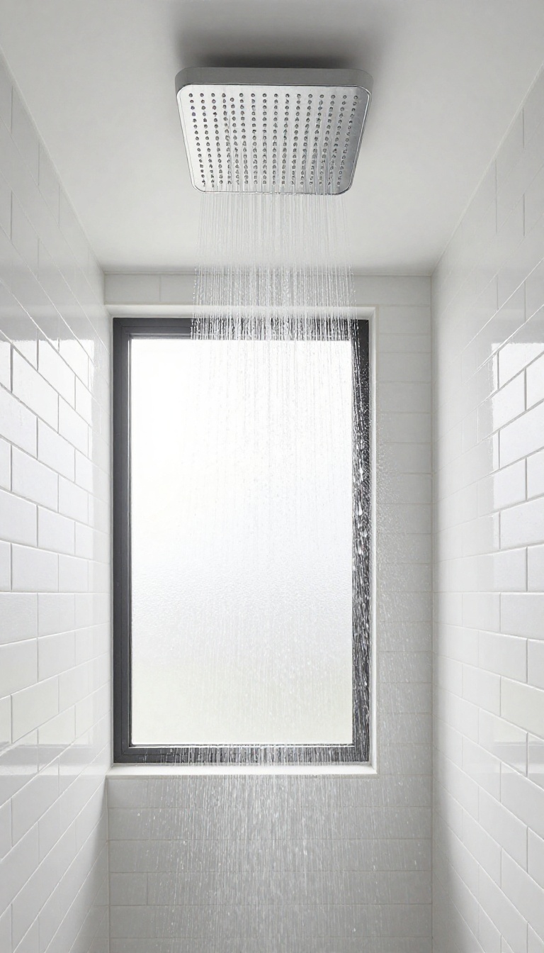 White tile shower with ceiling rain showerhead, water falling, bright natural light