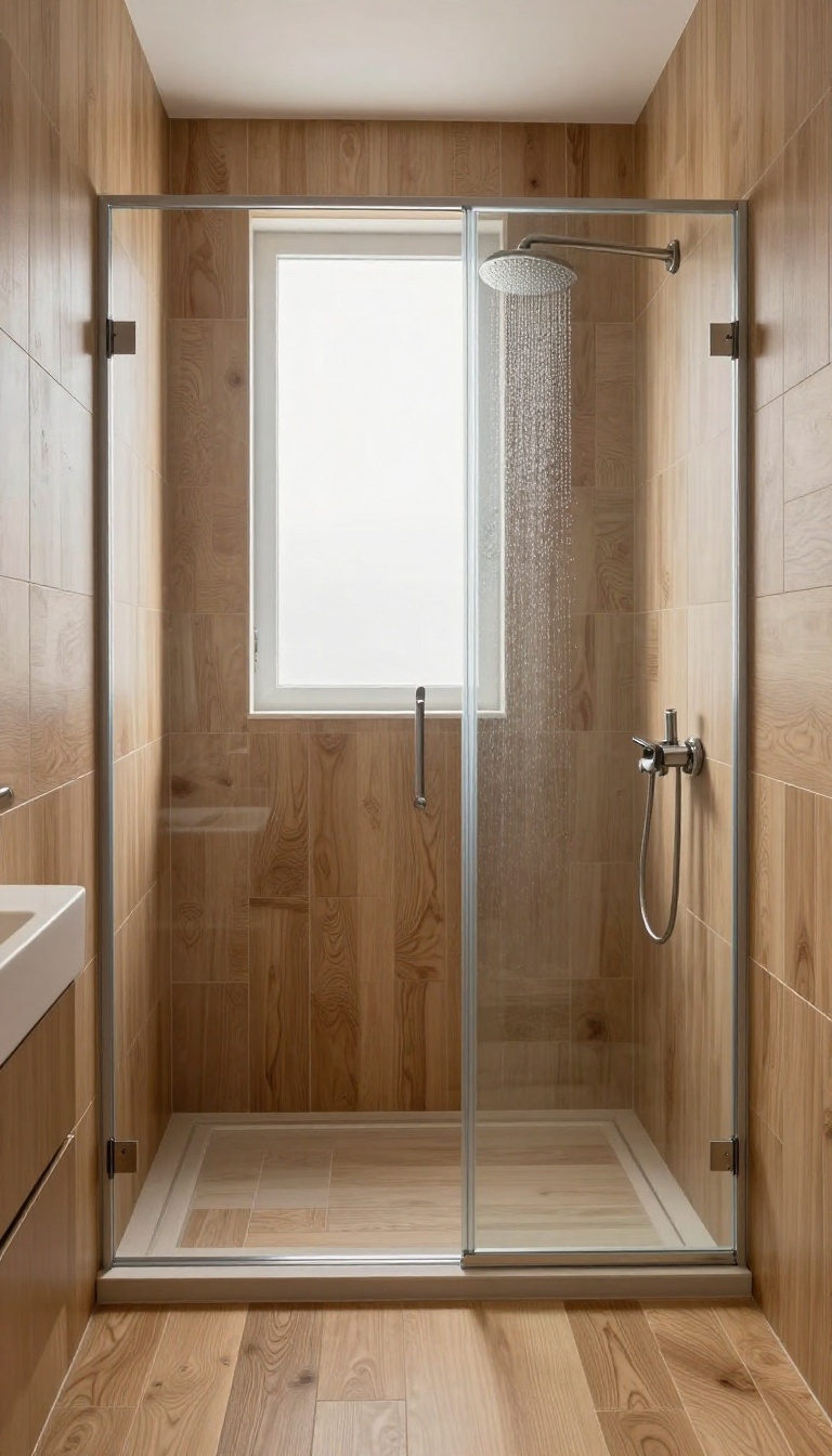 Master bathroom shower featuring wood-look porcelain tiles with a warm oak finish and staggered plank layout, creating a spa-like, natural aesthetic.