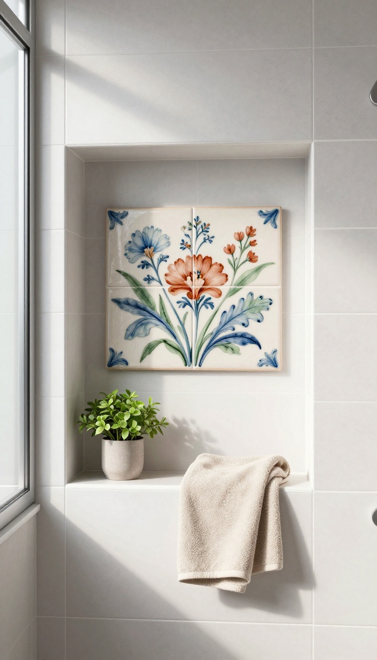 Hand-painted floral tile in a shower niche surrounded by plain white tiles, with natural light and simple decor.
