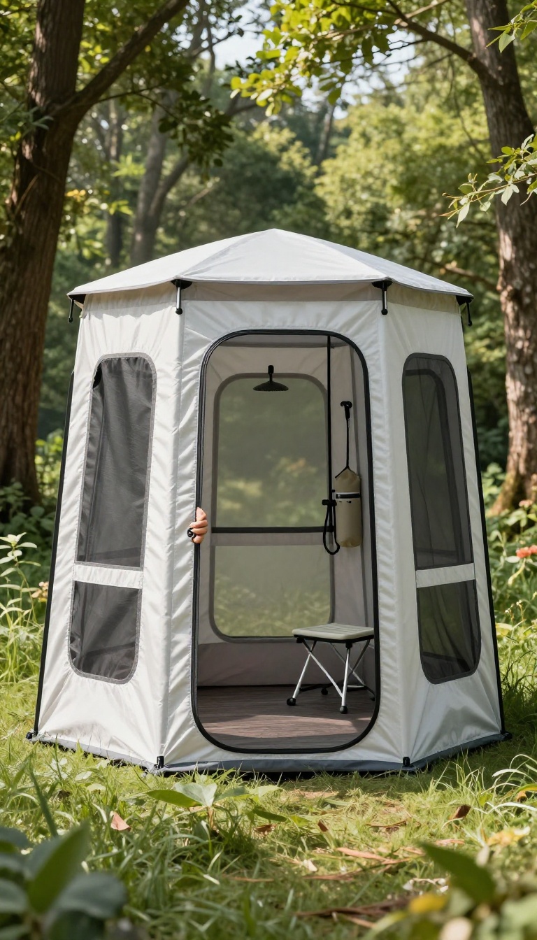 Pop-up camping shower enclosure in a forest with a zipper opening and interior details.