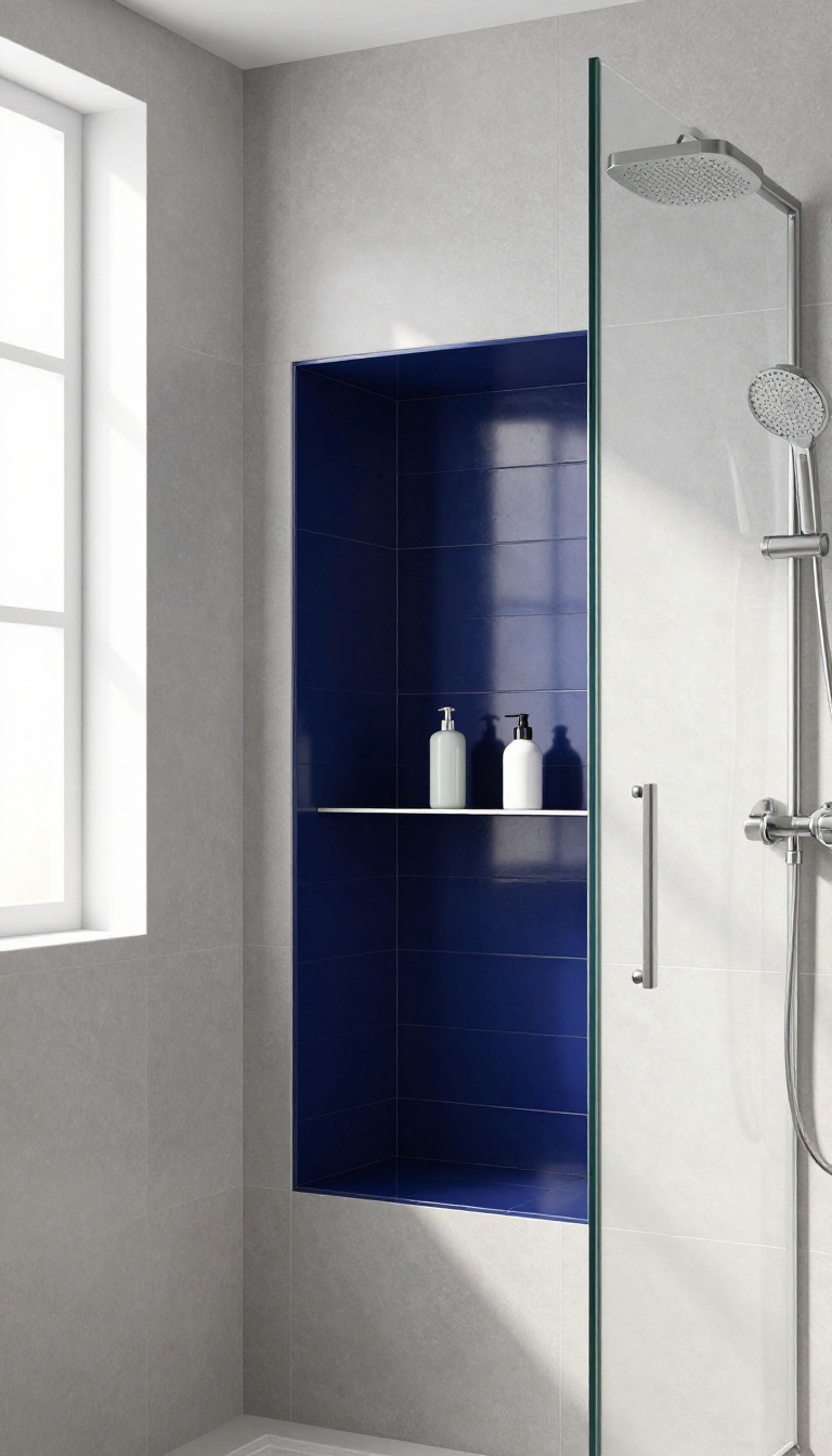 Modern bathroom shower with a recessed niche lined with contrasting dark blue tiles, holding toiletries.