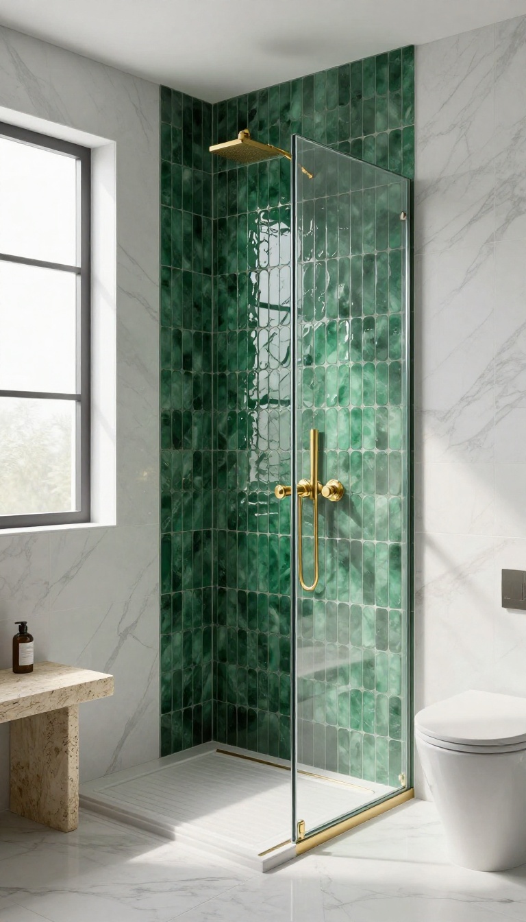 Modern bathroom shower with emerald green penny tile accent wall and brass fixtures