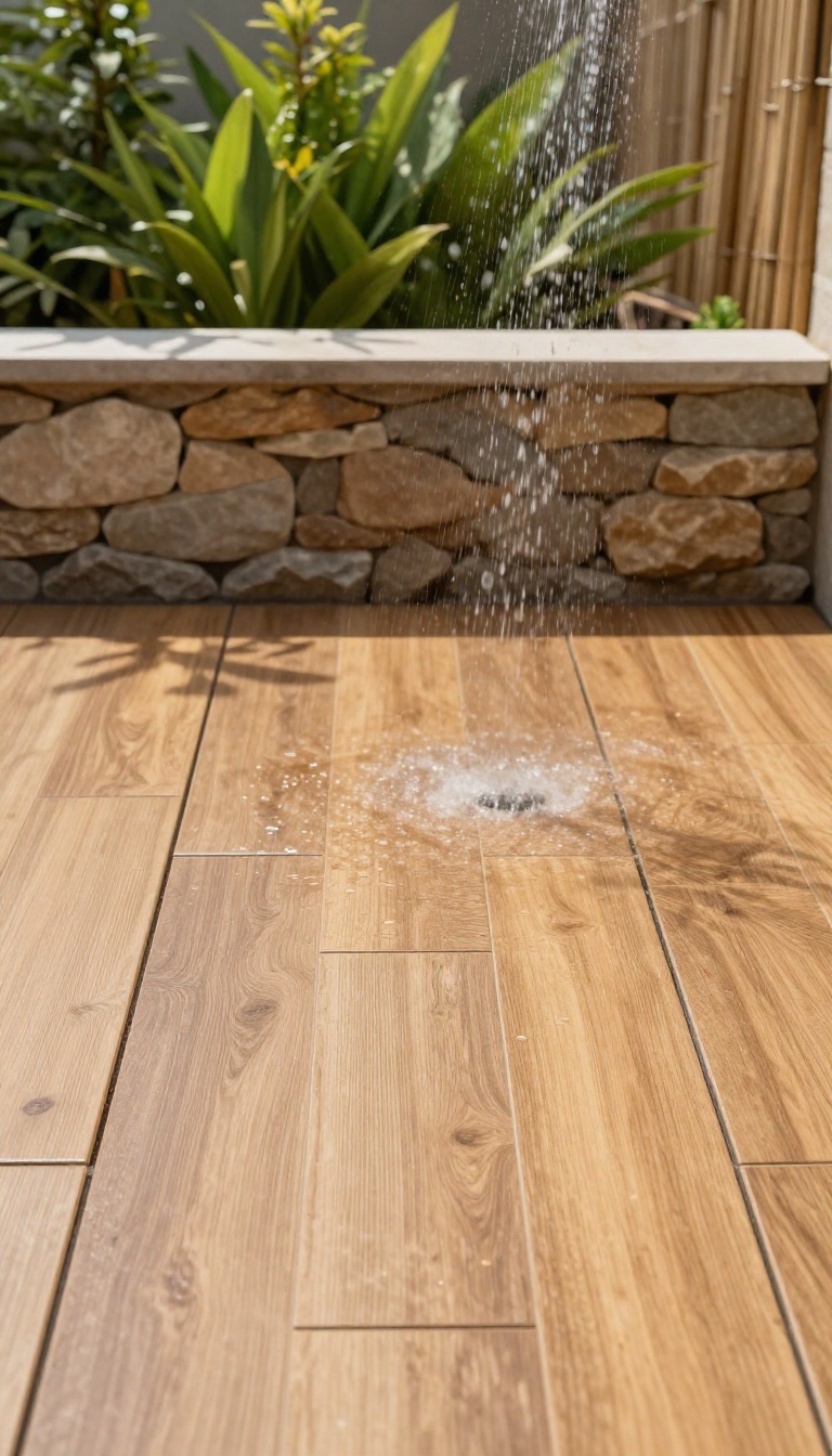 Outdoor shower with wood-look porcelain tile floor in a sunlit backyard