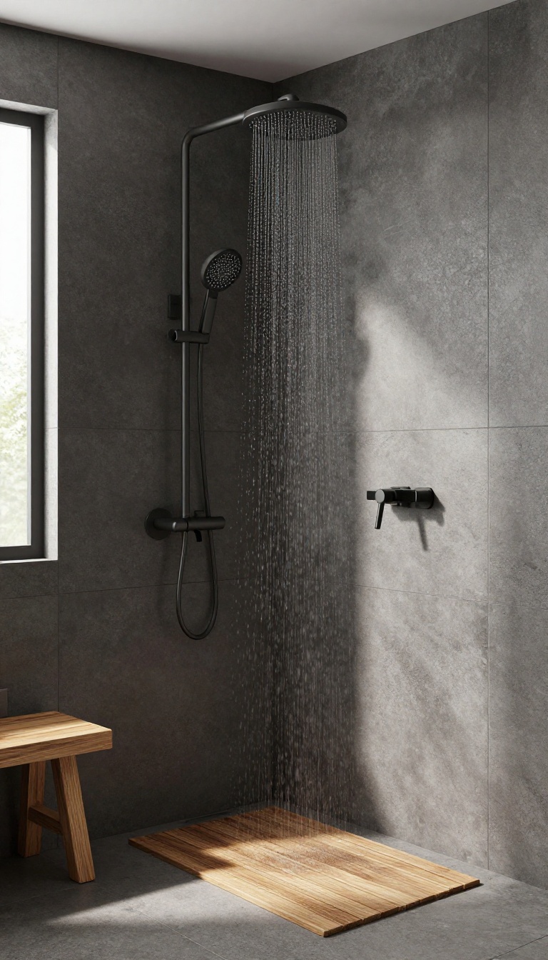 Dark concrete-look tiles in a modern shower with matte black fixtures and teak wood accents