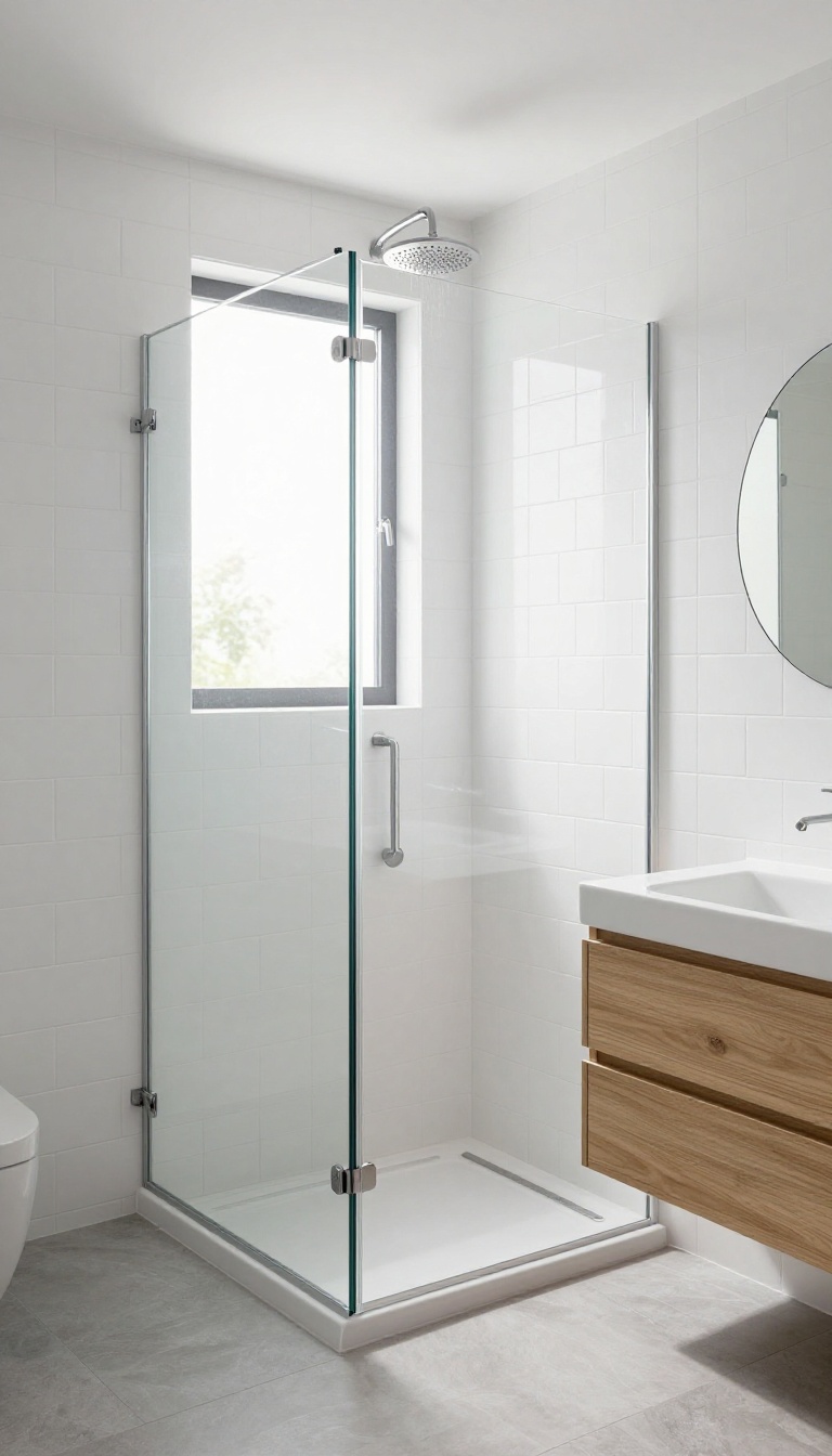 Small bathroom with walk-in shower and glass panel, open and airy design