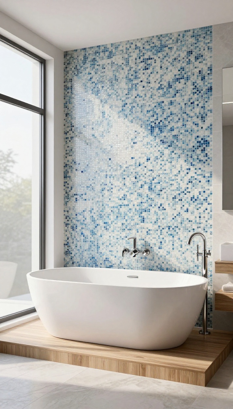 Drop-in tub with mosaic tile accent wall in a bright, modern bathroom