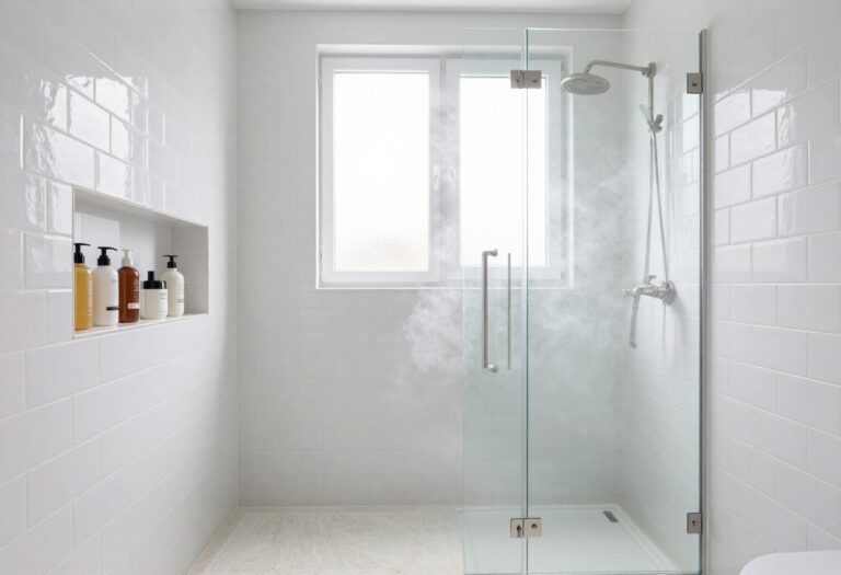 Modern shower with a tile niche holding toiletries