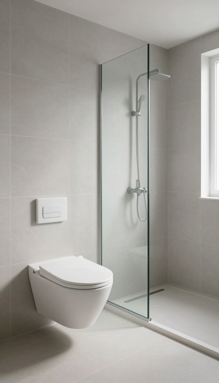 Small modern bathroom with a wall-mounted toilet and frameless glass shower, featuring seamless tile and bright natural light