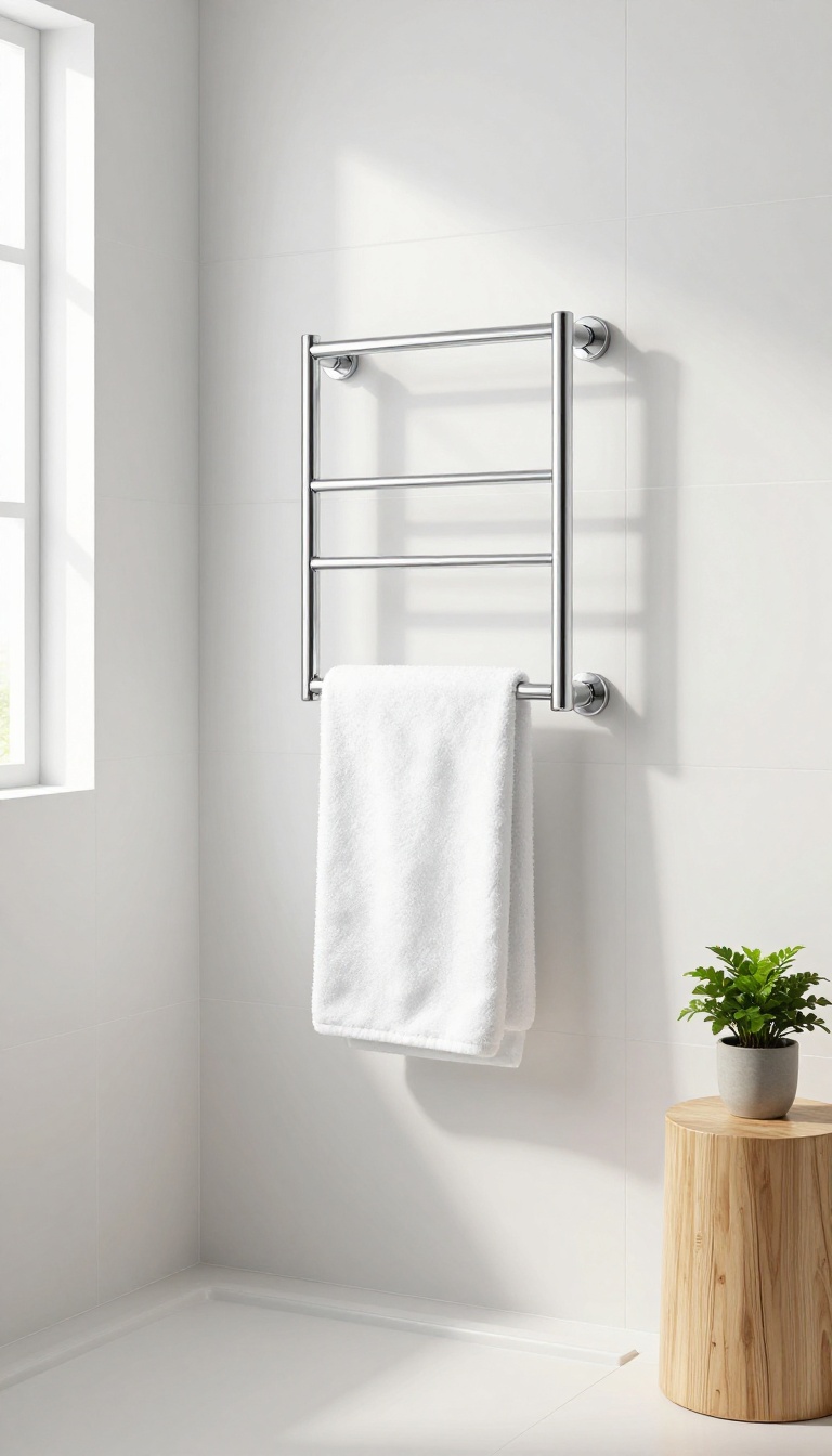 Heated towel rail mounted beside a glass shower cubicle in a bright, modern bathroom