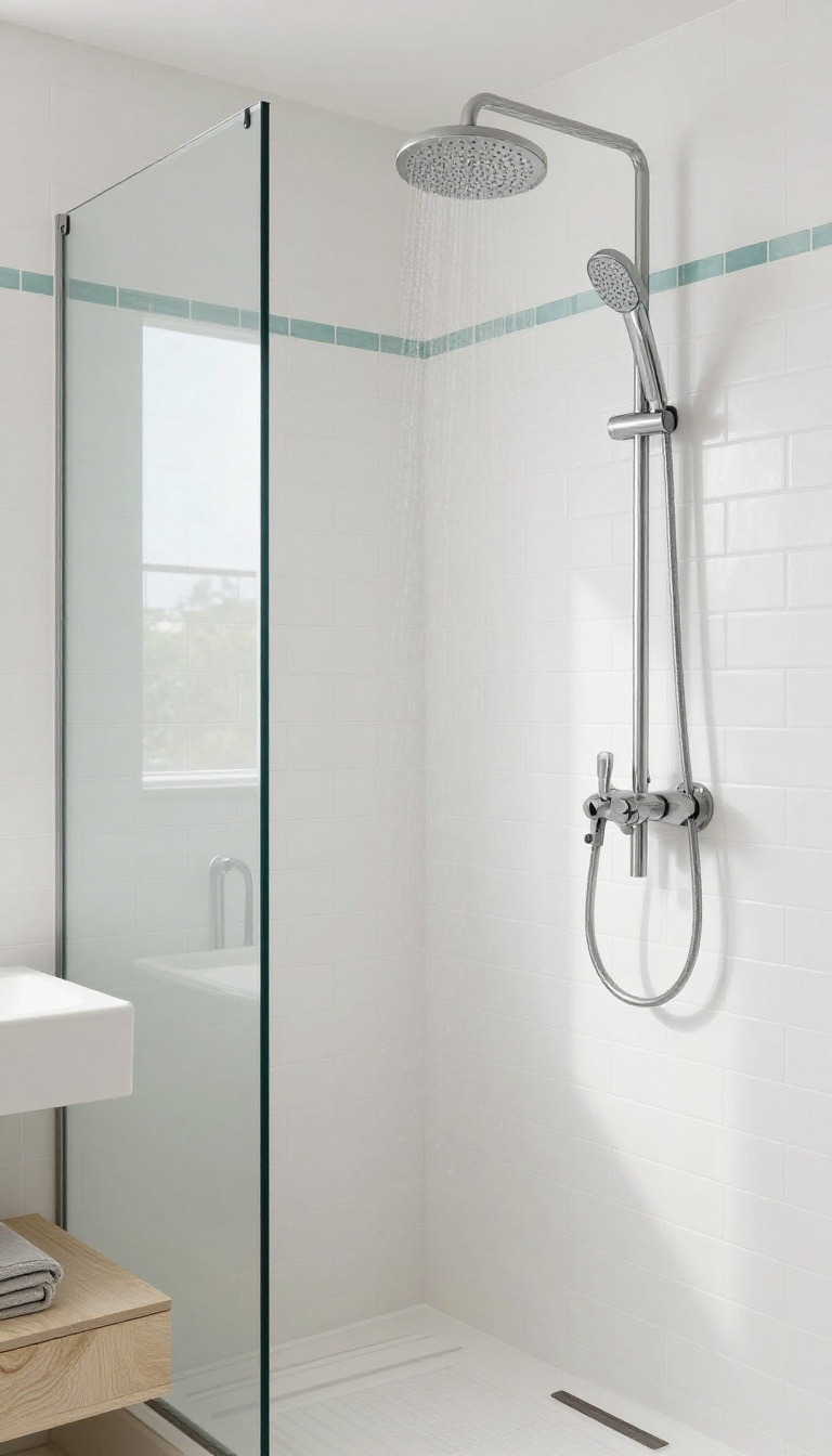 Modern shower with white subway tiles and a thin mosaic accent strip in blue-green glass tiles at eye level