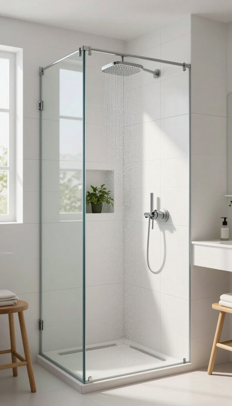Large-format white tiles in a modern shower with minimal grout lines and a glass enclosure.