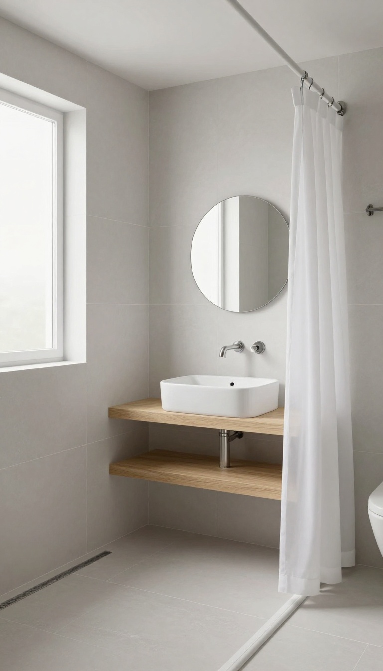Open walk-in shower with no door in a small modern bathroom, featuring seamless tiles and a linear drain