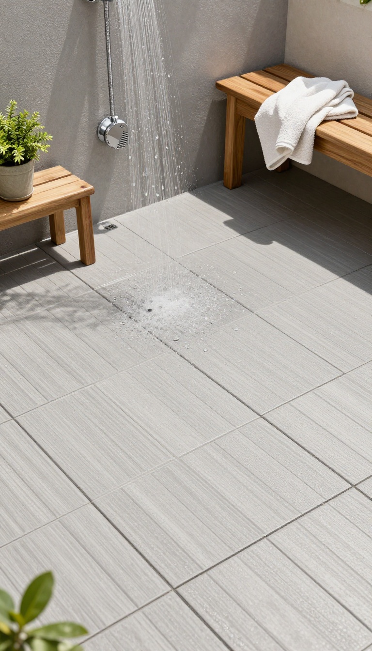 Outdoor shower with plastic deck tile flooring in a sunny backyard
