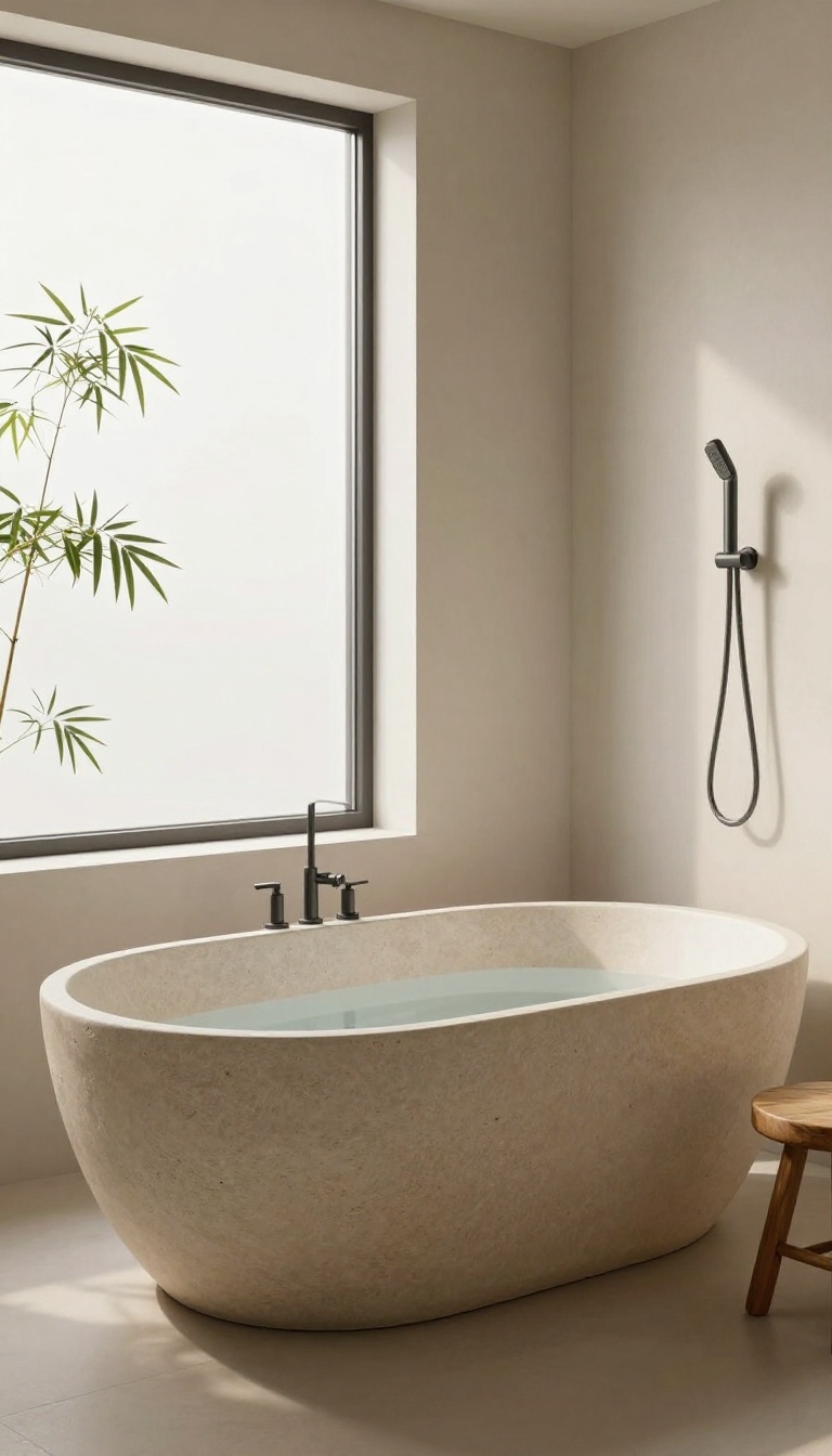 Japanese soaking tub with handheld shower in a minimalist bathroom