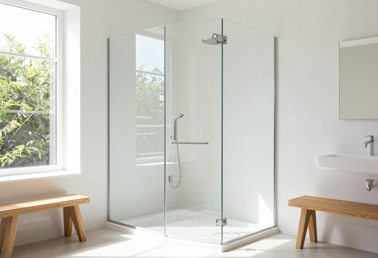 Modern bathroom with a glass-enclosed tub-shower combo and white tile