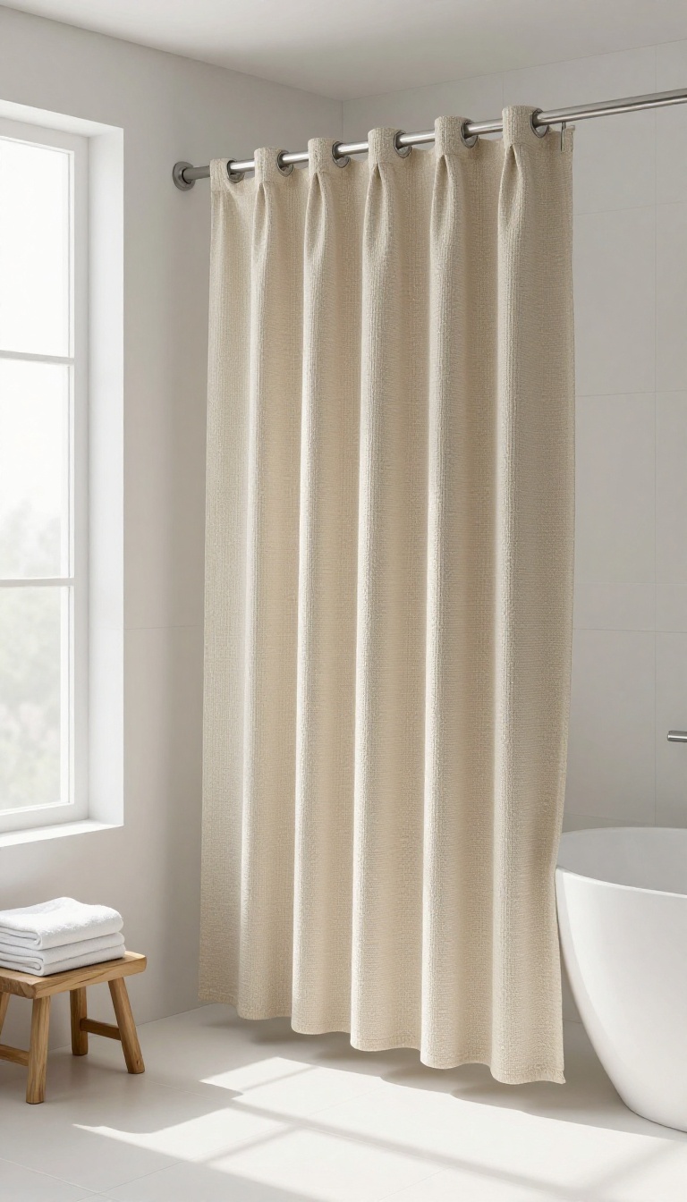 Textured woven shower curtain in a bright minimalist bathroom