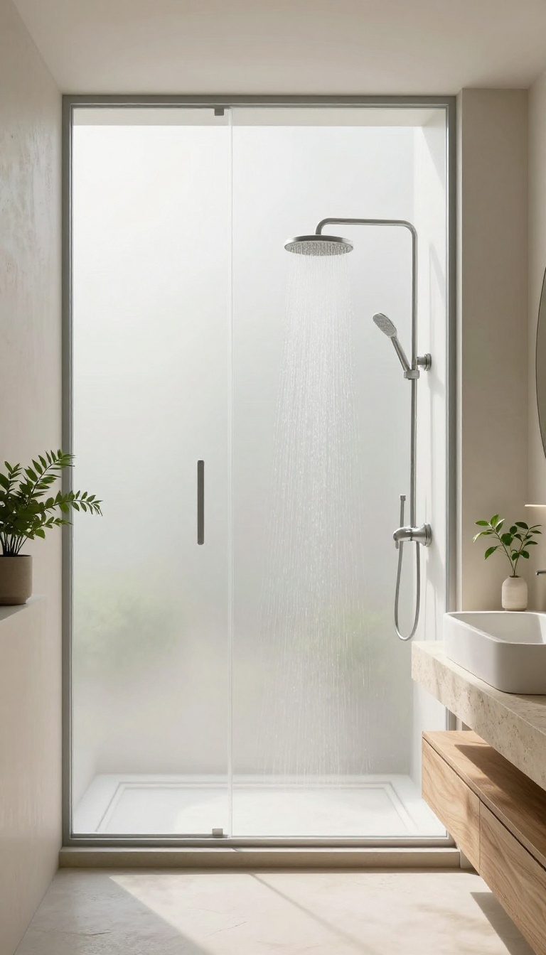 Modern bathroom with a frosted glass window in the shower, allowing soft natural light while maintaining privacy.