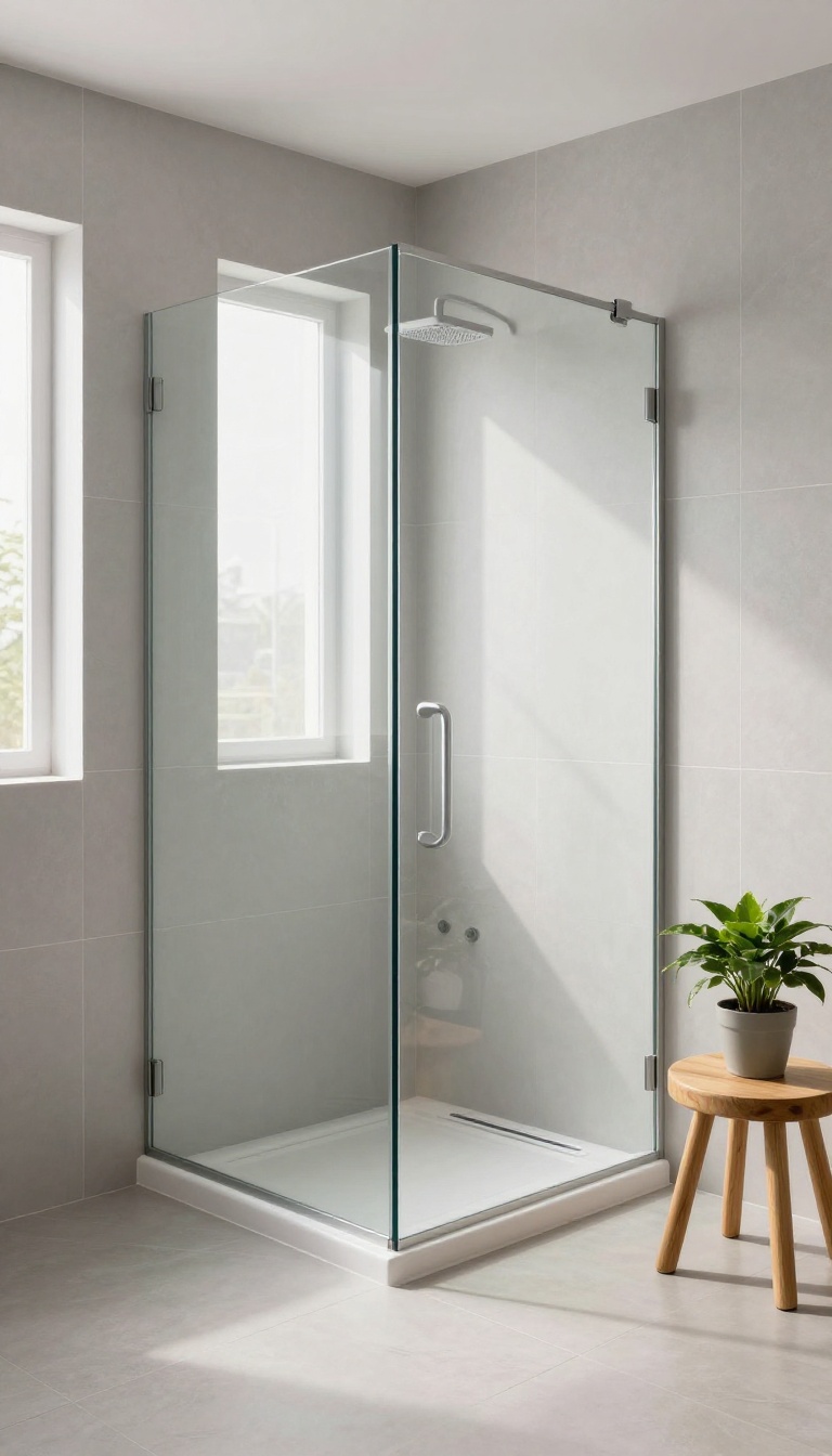Slim low-profile shower tray with linear drain in a small modern bathroom, curbless design with glass panel and natural light