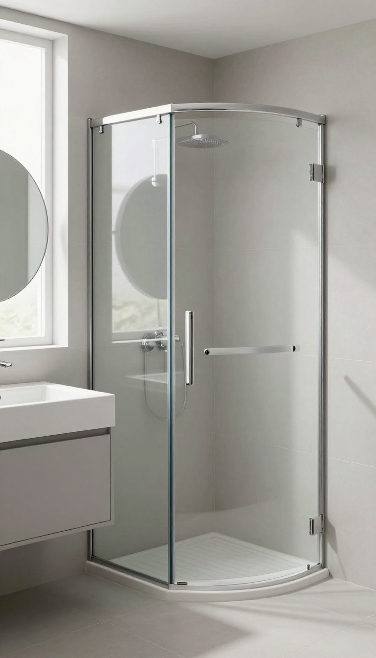 Corner-entry shower with diagonal glass door in a compact bathroom, illustrating space-saving design.
