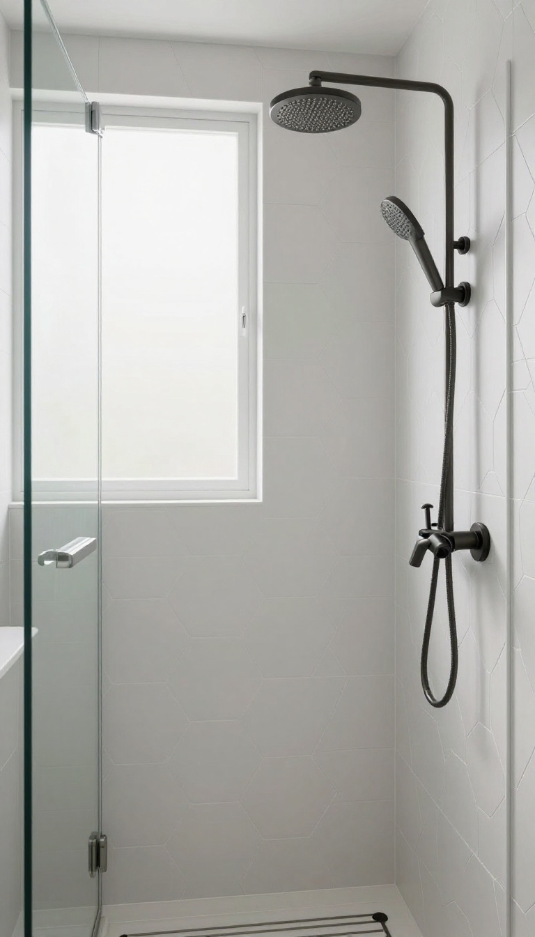 Large white hexagon tiles in a shower with a glass enclosure and brushed nickel fixtures, creating a calm, geometric look.