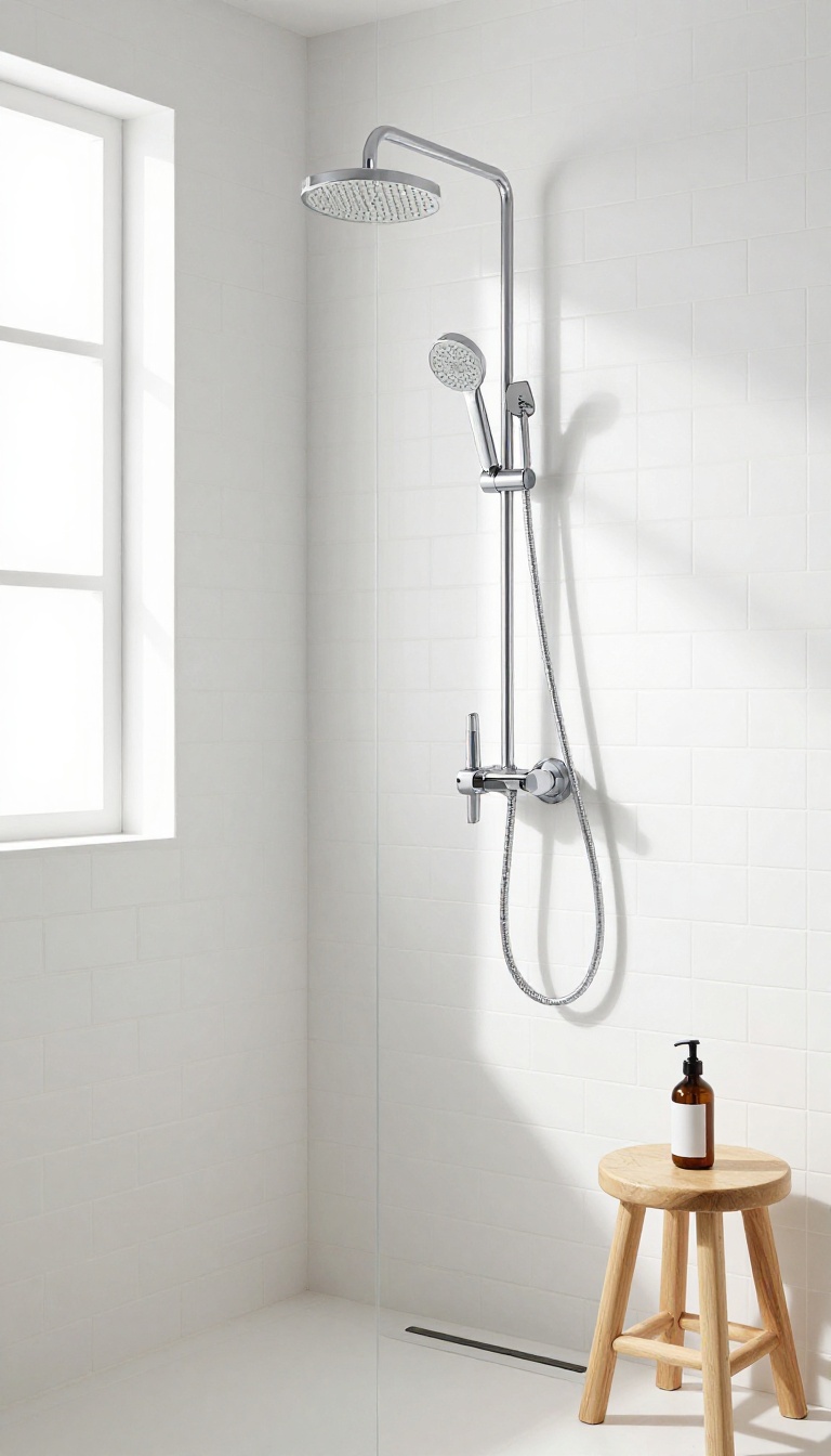 Modern bathroom shower with wall-mounted shower head and handheld sprayer on a sliding bar in a compact cubicle
