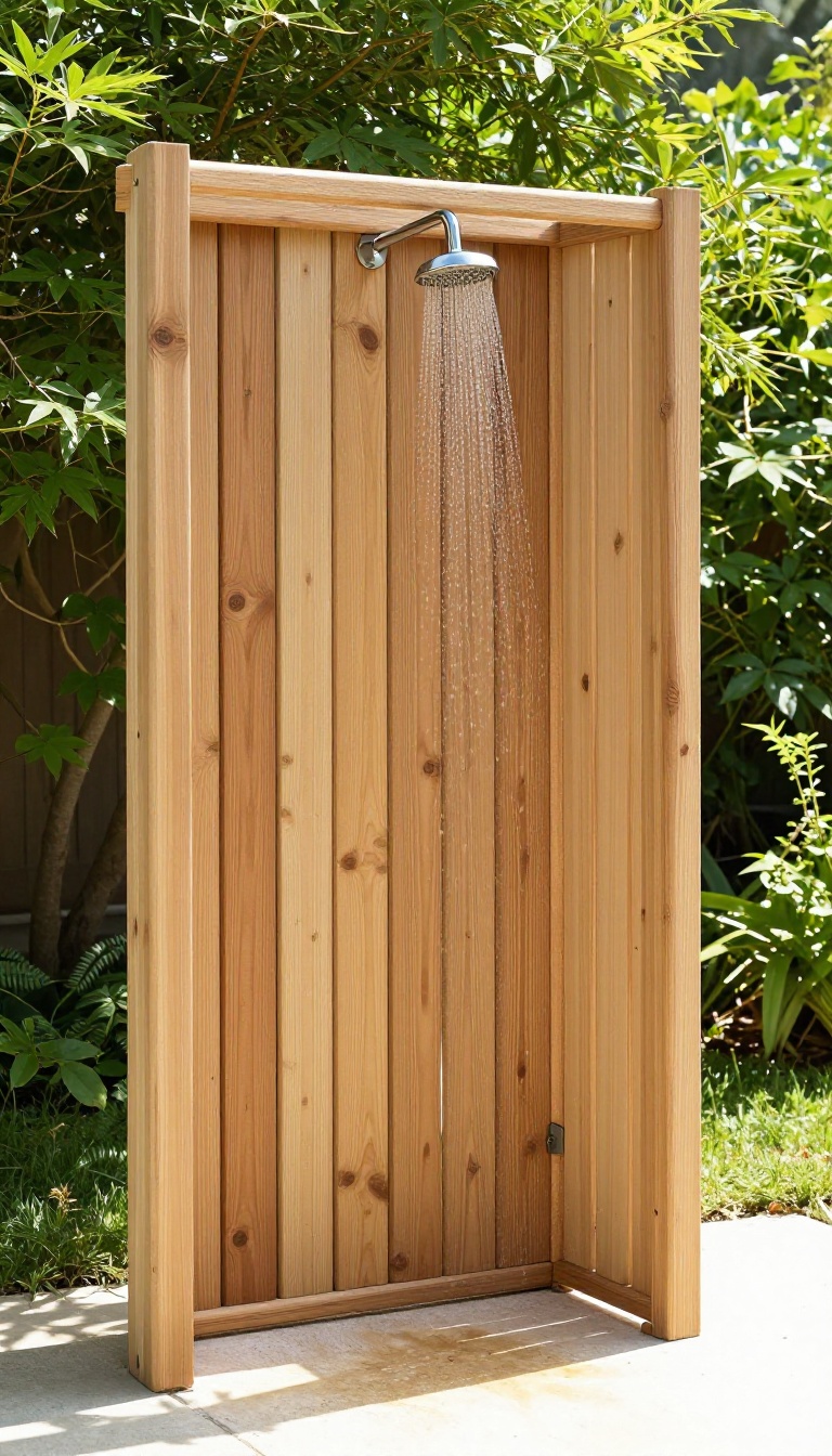 Rustic cedar wood outdoor shower enclosure in a garden with sunlight filtering through the slats
