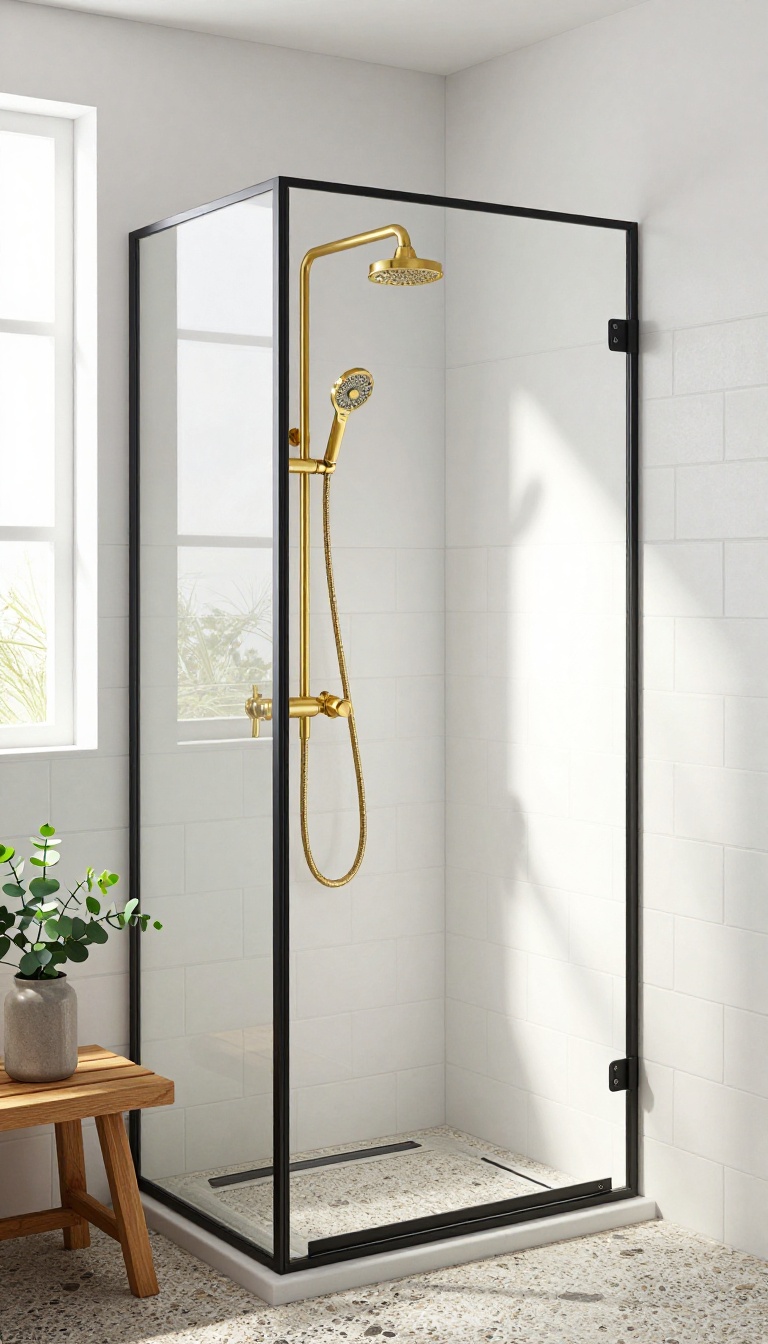 Stand-up shower with matte black fixtures and brass accents in a bright, modern bathroom