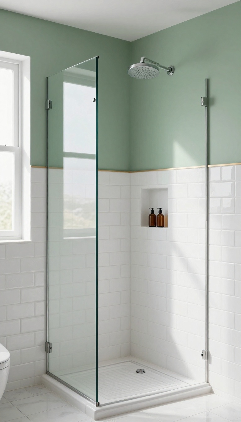 Half-wall subway tile with sage green paint above in a bright modern shower