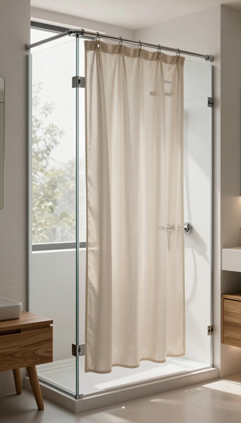 Water-repellent shower curtain over a glass door with beaded water droplets in a bright modern bathroom