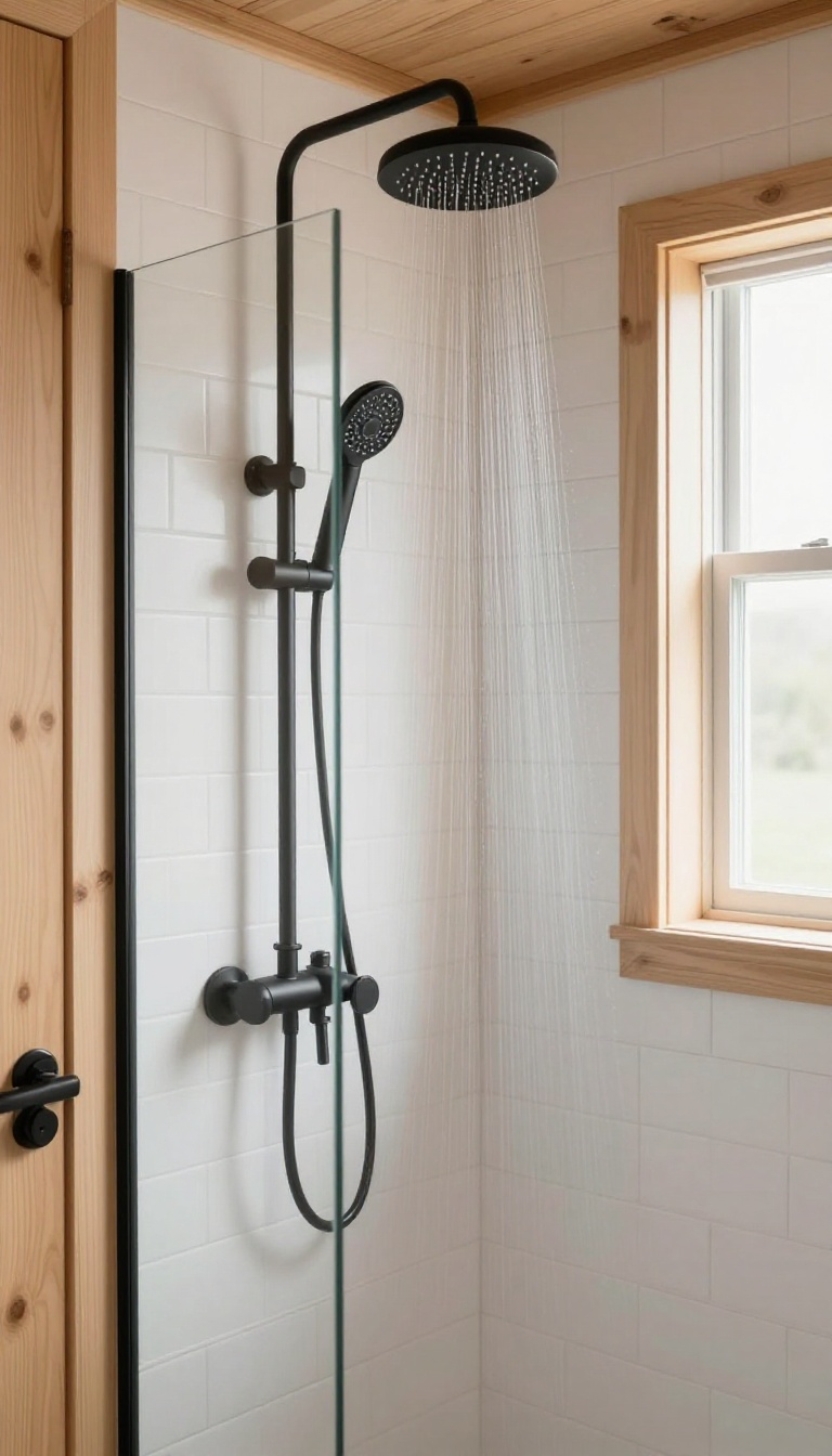 Modern rustic cabin shower with matte black fixtures against white subway tile and light wood paneling