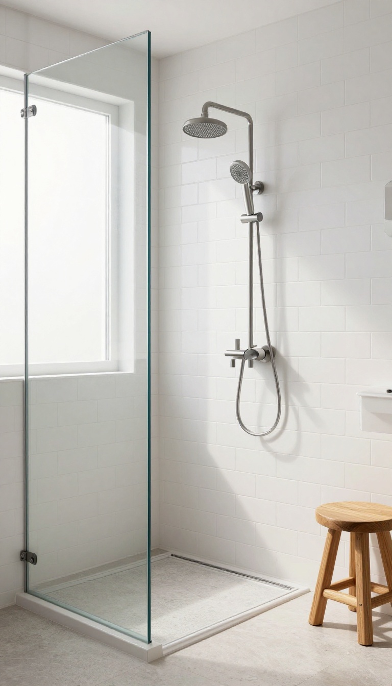 Modern bathroom shower with two handheld shower heads on sliding bars, one low and one high, in brushed nickel finish, with natural light and clean tile.