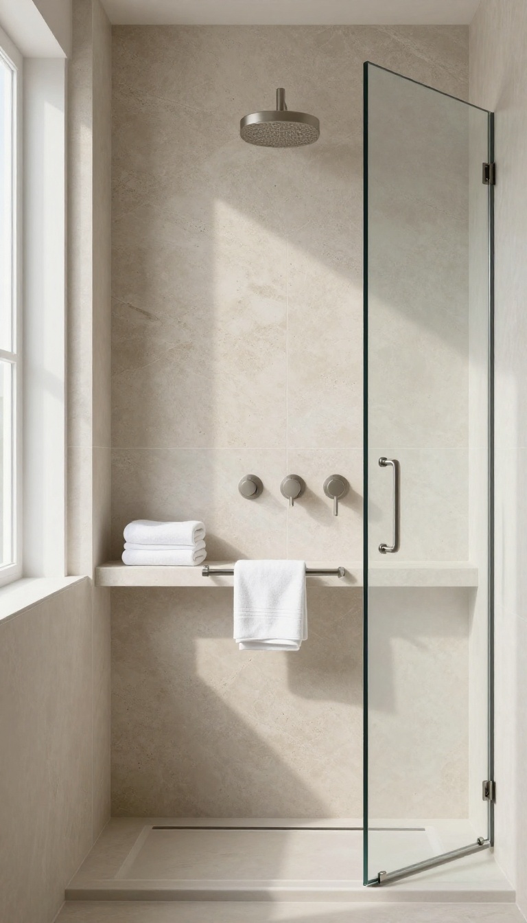 Recessed shower niche with towel bar in a modern bathroom, featuring natural stone tile and a hanging washcloth.