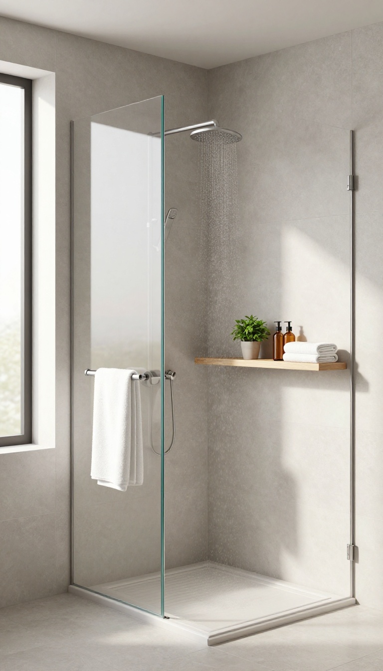 Modern walk-in shower with floating wooden shelves holding towels, toiletries, and a plant
